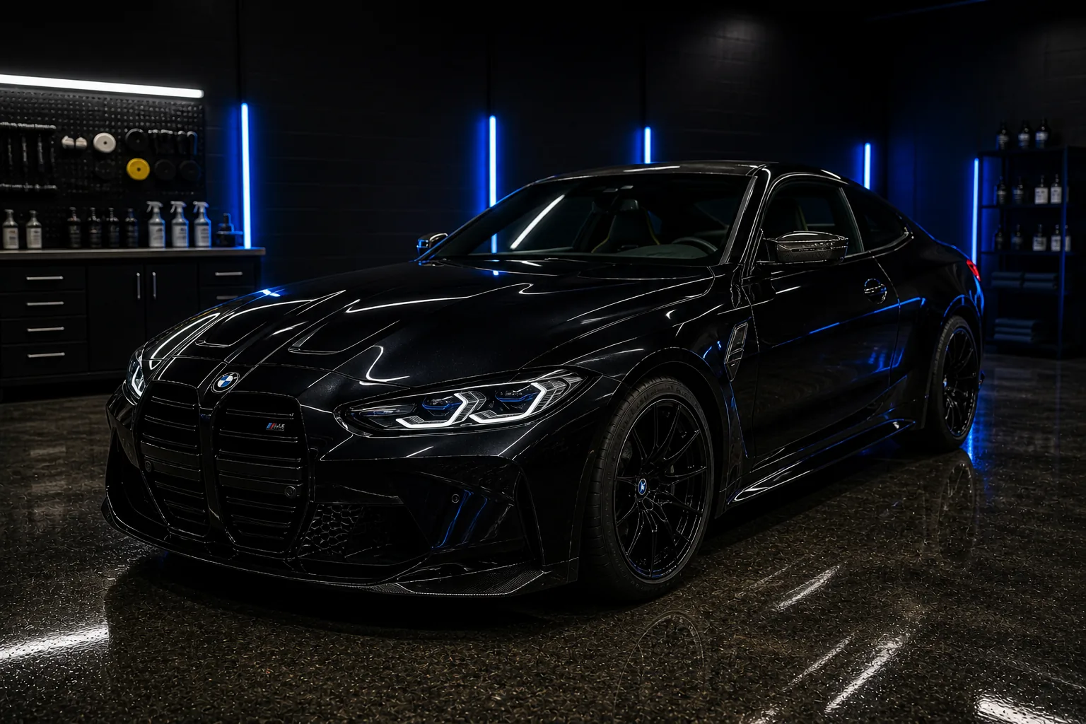 Black BMW coupe in The Auto Edit-style detailing studio