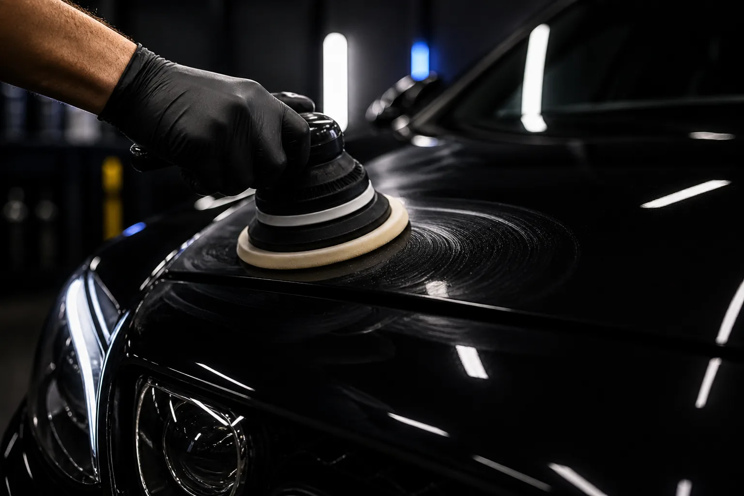 Machine polishing black paint during paint correction